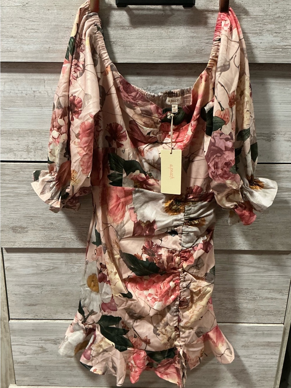 Backless Floral Ruched Mini Dress in Blush Pink